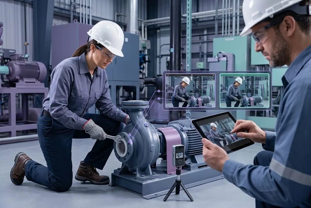 A technician tightens a pump coupling while a camera records the run and an assessor reviews the footage on a tablet