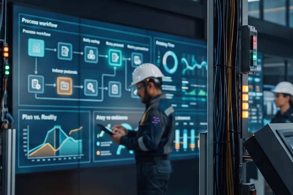 A technician checks a tablet in front of a wall display showing a process workflow and a plan-versus-reality chart
